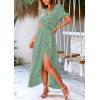 imagePRETTYGARDEN Womens Summer Wrap Maxi Dress Casual Boho Floral V Neck Short Sleeve Ruffle Hem Split Beach Long DressesDot Green White