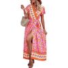 imagePRETTYGARDEN Women Boho Summer Side Split Deep V Neck Short Sleeves Maxi Dress with BeltFloral Pink