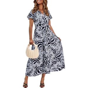 imagePRETTYGARDEN Women Boho Summer Side Split Deep V Neck Short Sleeves Maxi Dress with BeltPrint Black