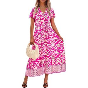 imagePRETTYGARDEN Women Boho Summer Side Split Deep V Neck Short Sleeves Maxi Dress with BeltPrint Rose Red