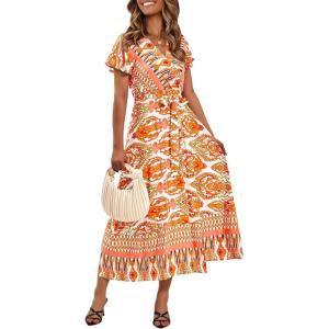 imagePRETTYGARDEN Women Boho Summer Side Split Deep V Neck Short Sleeves Maxi Dress with BeltPrint Yellow
