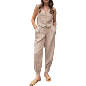imagePRETTYGARDEN Womens Summer Two Piece Outfits V Neck Button Front Cropped Tank Tops Vest Pockets Pants Cotton Matching SetsLight Khaki