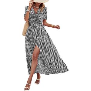 imagePRETTYGARDEN Womens Summer Wrap Maxi Dress Casual Boho Floral V Neck Short Sleeve Ruffle Hem Split Beach Long DressesDot Black White