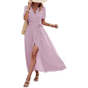 imagePRETTYGARDEN Womens Summer Wrap Maxi Dress Casual Boho Floral V Neck Short Sleeve Ruffle Hem Split Beach Long DressesDot Pink White