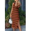 imagePRETTYGARDEN Womens Summer Bodycon Sundresses Casual Midi Sleeveless Hollow Out Knit Side Slit Striped Long Tank DressStriped Brown Black