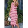imagePRETTYGARDEN Womens Summer Bodycon Sundresses Casual Midi Sleeveless Hollow Out Knit Side Slit Striped Long Tank DressStriped Pink White
