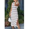 imagePRETTYGARDEN Womens Summer Bodycon Sundresses Casual Midi Sleeveless Hollow Out Knit Side Slit Striped Long Tank DressStriped White Grey