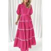 imagePRETTYGARDEN Womens Summer Button Down Shirt Dress Short Puffy Sleeve Tiered Ruffle Flowy Long Maxi DressesRose Red