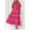 imagePRETTYGARDEN Womens Summer Button Down Shirt Dress Short Puffy Sleeve Tiered Ruffle Flowy Long Maxi DressesRose Red