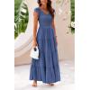 imagePRETTYGARDEN Womens Summer Flowy Maxi Dress Casual Cap Sleeve V Neck Smocked Beach SundressSolid Grey Blue