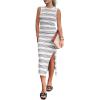 imagePRETTYGARDEN Womens Summer Bodycon Sundresses Casual Midi Sleeveless Hollow Out Knit Side Slit Striped Long Tank DressStriped White Grey