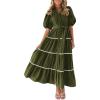 imagePRETTYGARDEN Womens Summer Button Down Shirt Dress Short Puffy Sleeve Tiered Ruffle Flowy Long Maxi DressesArmy Green