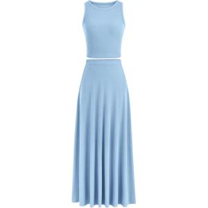 imagePRETTYGARDEN Womens 2 Piece Maxi Skirt Sets Casual Summer Knit Cropped Tank Top High Waisted Long Skirts OutfitLight Blue