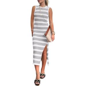 imagePRETTYGARDEN Womens Summer Bodycon Sundresses Casual Midi Sleeveless Hollow Out Knit Side Slit Striped Long Tank DressStriped White Grey
