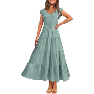 imagePRETTYGARDEN Womens Summer Flowy Maxi Dress Casual Cap Sleeve V Neck Smocked Beach SundressSolid Grey Green