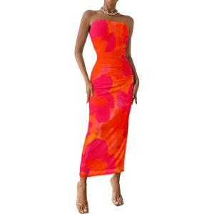 imagePRETTYGARDEN Womens Summer Maxi Bodycon Dresses Strapless Tube Top Printed Long Party Club Slit DressOrange Red Big Floral
