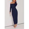 imagePRETTYGARDEN Womens Fall Off Shoulder Maxi Bodycon Dress Long Sleeve Ruched Fitted Club Dresses with SlitNavy