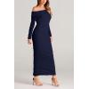 imagePRETTYGARDEN Womens Fall Off Shoulder Maxi Bodycon Dress Long Sleeve Ruched Fitted Club Dresses with SlitNavy