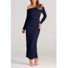imagePRETTYGARDEN Womens Fall Off Shoulder Maxi Bodycon Dress Long Sleeve Ruched Fitted Club Dresses with SlitNavy