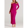 imagePRETTYGARDEN Womens Fall Off Shoulder Maxi Bodycon Dress Long Sleeve Ruched Fitted Club Dresses with SlitRose Red
