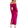 imagePRETTYGARDEN Womens Fall Off Shoulder Maxi Bodycon Dress Long Sleeve Ruched Fitted Club Dresses with SlitRose Red