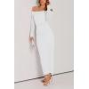 imagePRETTYGARDEN Womens Fall Off Shoulder Maxi Bodycon Dress Long Sleeve Ruched Fitted Club Dresses with SlitWhite
