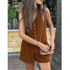 imagePRETTYGARDEN Womens Summer 2 Piece Outfits Sleeveless Matching Sets Button Down V Neck Vest Waistcoat and Pockets ShortsBrown