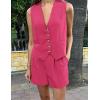 imagePRETTYGARDEN Womens Summer 2 Piece Outfits Sleeveless Matching Sets Button Down V Neck Vest Waistcoat and Pockets ShortsRose Red