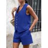 imagePRETTYGARDEN Womens Summer 2 Piece Outfits Sleeveless Matching Sets Button Down V Neck Vest Waistcoat and Pockets ShortsRoyal Blue