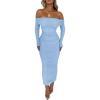imagePRETTYGARDEN Womens Fall Off Shoulder Maxi Bodycon Dress Long Sleeve Ruched Fitted Club Dresses with SlitLight Blue