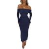 imagePRETTYGARDEN Womens Fall Off Shoulder Maxi Bodycon Dress Long Sleeve Ruched Fitted Club Dresses with SlitNavy