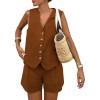 imagePRETTYGARDEN Womens Summer 2 Piece Outfits Sleeveless Matching Sets Button Down V Neck Vest Waistcoat and Pockets ShortsBrown
