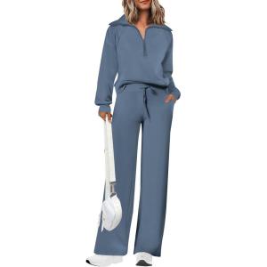 imagePRETTYGARDEN Womens 2 Piece Outfits Casual Lapel Half Zip Sweatshirts And Wide Leg Pants Tracksuit SetsGrey Blue