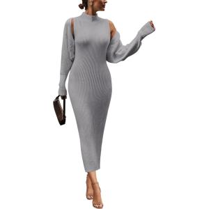 imagePRETTYGARDEN Womens Fall 2 Piece Outfits Bodycon Maxi Tank Pullover Sweater Dress and Long Sleeve Cropped Cardigan Knit SetsGrey