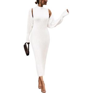 imagePRETTYGARDEN Womens Fall 2 Piece Outfits Bodycon Maxi Tank Pullover Sweater Dress and Long Sleeve Cropped Cardigan Knit SetsWhite