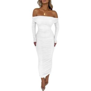 imagePRETTYGARDEN Womens Fall Off Shoulder Maxi Bodycon Dress Long Sleeve Ruched Fitted Club Dresses with SlitWhite