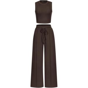 imagePRETTYGARDEN Womens Summer 2 Piece Loungewear Set Cropped Tank Top Wide Leg Sweatpants Tracksuit Casual OutfitsCoffee