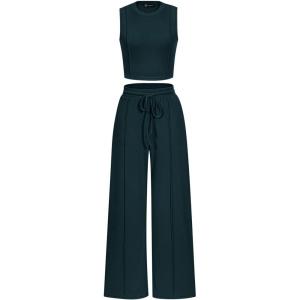 imagePRETTYGARDEN Womens Summer 2 Piece Loungewear Set Cropped Tank Top Wide Leg Sweatpants Tracksuit Casual OutfitsDark Green