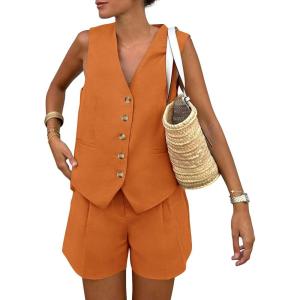 imagePRETTYGARDEN Womens Summer 2 Piece Outfits Sleeveless Matching Sets Button Down V Neck Vest Waistcoat and Pockets ShortsBrown Orange