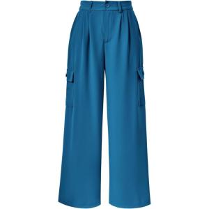 imagePRETTYGARDEN Womens Wide Leg Cargo Pants High Waist Business Casual Trousers Pant with PocketsDenim Blue