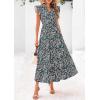 imagePRETTYGARDEN Womens 2025 Summer Floral Midi Dress Cap Sleeve V Neck Ruffle Long Flowy Boho Casual Beach Vacation DressesFloral Black Blue