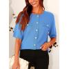 imagePRETTYGARDEN Womens Summer Button Down Shirts Casual Short Sleeve Crew Neck Ribbed Knit Blouse Top CardigansBlue