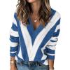 imagePRETTYGARDEN Womens Fashion Long Sleeve Striped Color Block Knitted Sweater Crew Neck Loose Pullover Jumper TopsStriped Dark Royal Blue