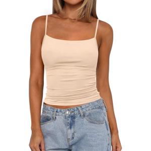 imagePRETTYGARDEN Summer Tank Tops for Women 2025 Sleeveless Spaghetti Strap Camisole Basic Crop Top Cute Going Out Fitted ShirtsApricot