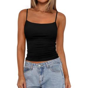 imagePRETTYGARDEN Summer Tank Tops for Women 2025 Sleeveless Spaghetti Strap Camisole Basic Crop Top Cute Going Out Fitted ShirtsBlack