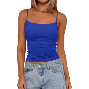 imagePRETTYGARDEN Summer Tank Tops for Women 2025 Sleeveless Spaghetti Strap Camisole Basic Crop Top Cute Going Out Fitted ShirtsBlue