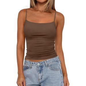 imagePRETTYGARDEN Summer Tank Tops for Women 2025 Sleeveless Spaghetti Strap Camisole Basic Crop Top Cute Going Out Fitted ShirtsCoffee