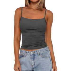 imagePRETTYGARDEN Summer Tank Tops for Women 2025 Sleeveless Spaghetti Strap Camisole Basic Crop Top Cute Going Out Fitted ShirtsDark Grey