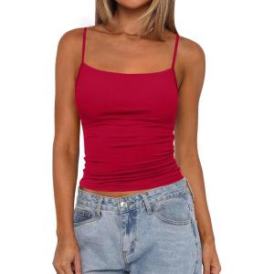 imagePRETTYGARDEN Summer Tank Tops for Women 2025 Sleeveless Spaghetti Strap Camisole Basic Crop Top Cute Going Out Fitted ShirtsRed