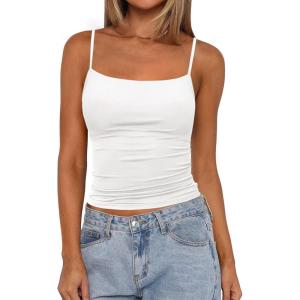 imagePRETTYGARDEN Summer Tank Tops for Women 2025 Sleeveless Spaghetti Strap Camisole Basic Crop Top Cute Going Out Fitted ShirtsWhite